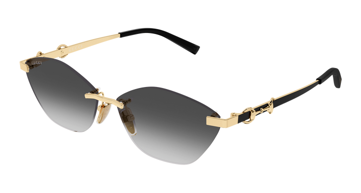 Gucci gold cat-eye sunglasses with horsebit bridge and dark grey gradient lenses