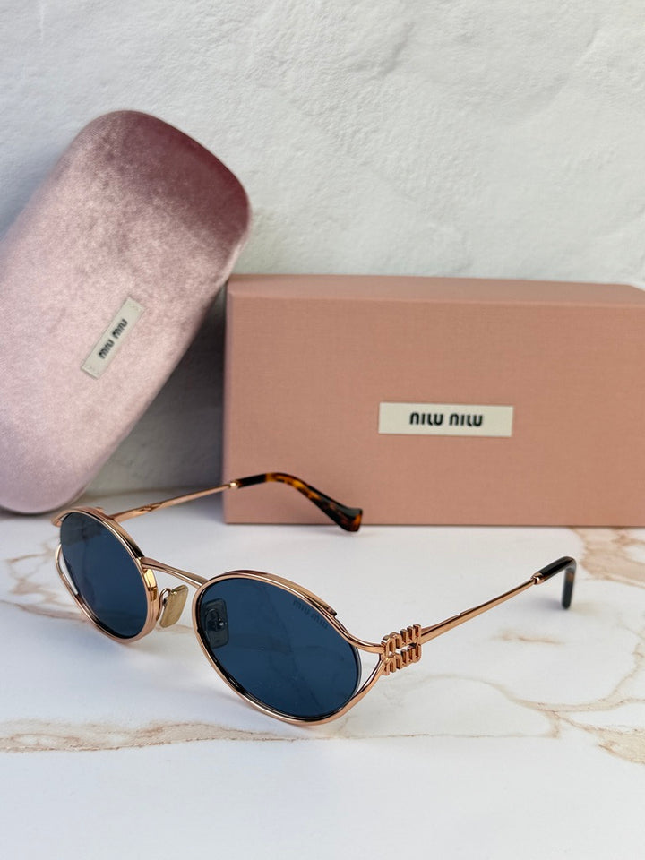 Miu Miu MU52YS Rose Gold Blue Oval Metal Sunglasses