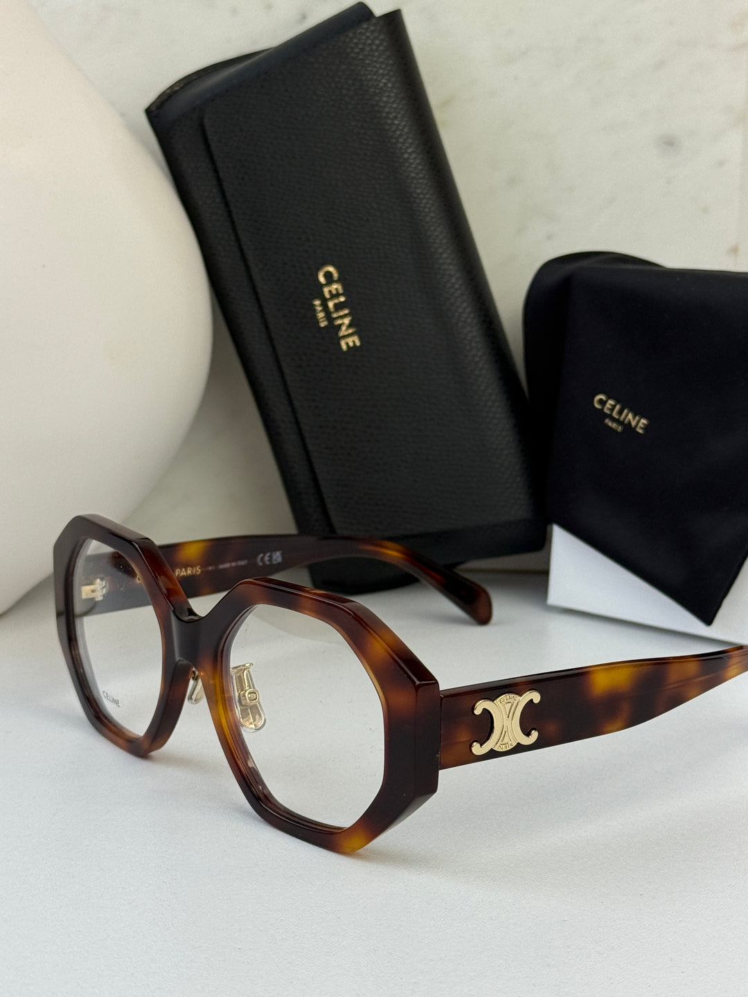 Celine CL50161F Triomphe Angled Eyeglasses Frames in Havana Brown