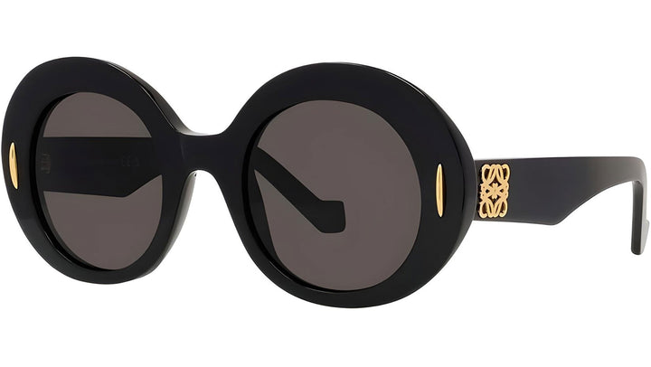 Loewe LW40146I round black sunglasses side view with dark lenses and gold-tone temple logo