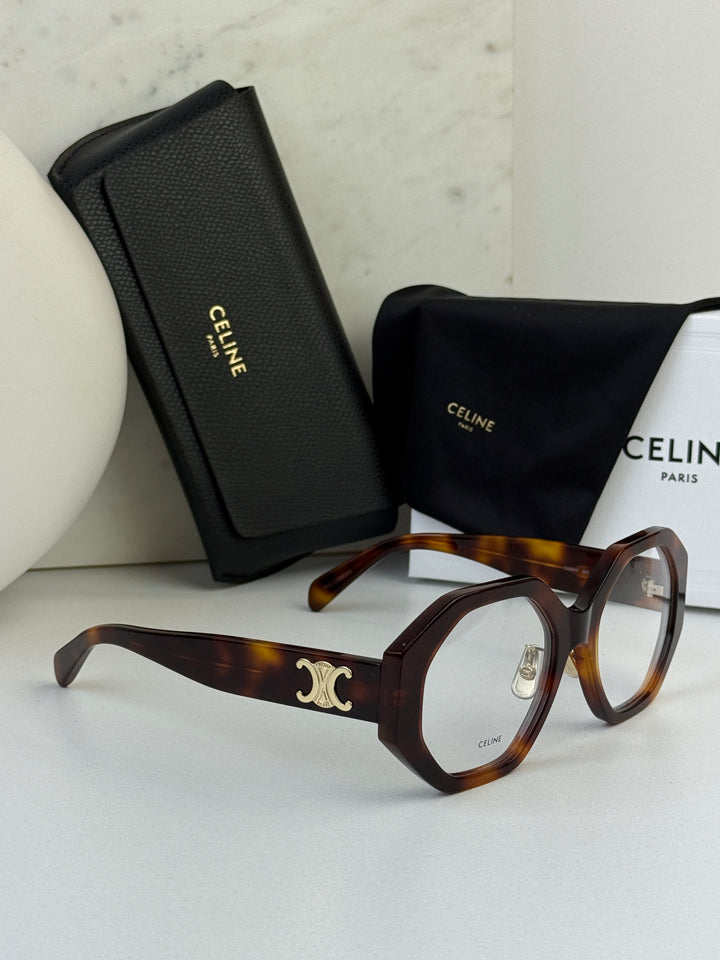 Celine CL50161F Triomphe Angled Eyeglasses Frames in Havana Brown