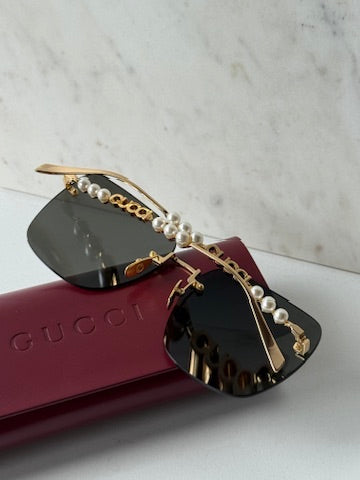 Gucci GG1923SA Grey Rimless Square Pearl Sunglasses – Designer