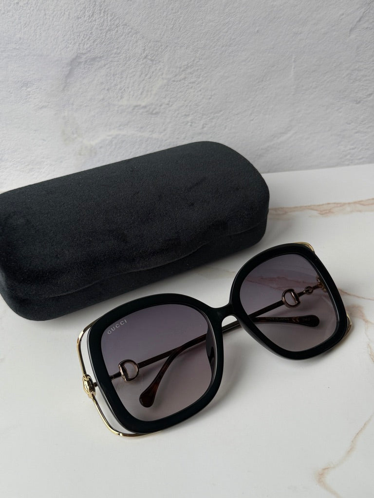 Gucci GG1021S Black Gold Square Horsebit Sunglasses