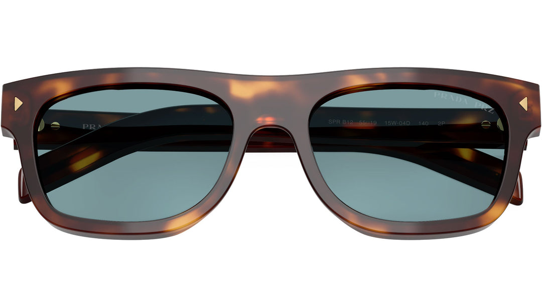 Prada polarized square sunglasses with blue lenses and tortoiseshell front, arms visible