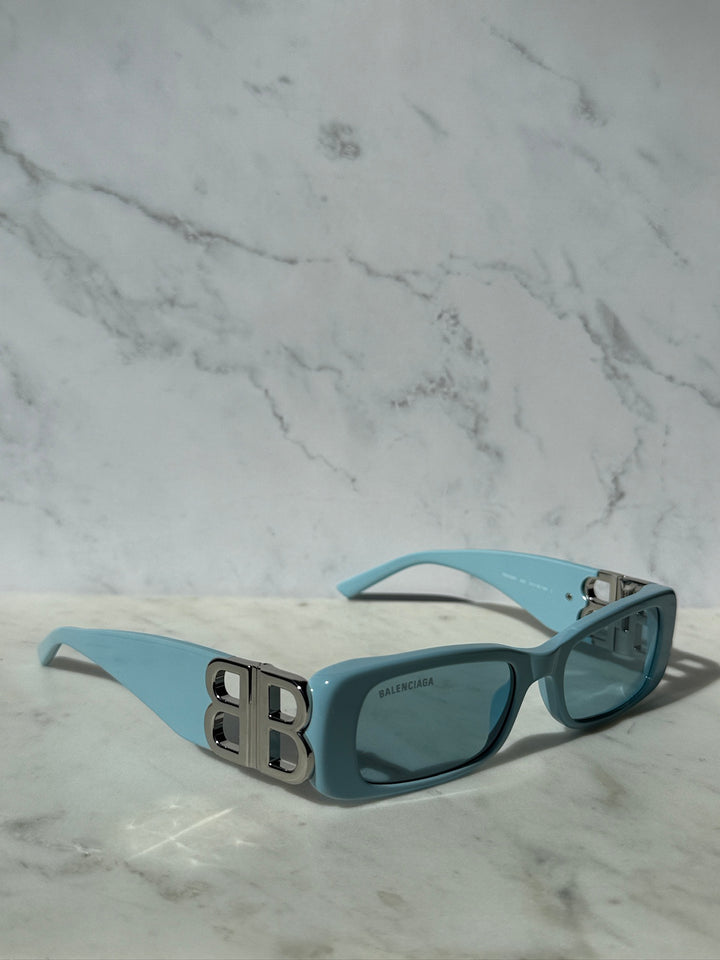 Balenciaga baby blue rectangular sunglasses with BB logo frames and dark lenses