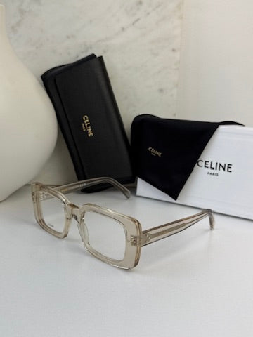Celine rectangular eyeglass frames, translucent clear with gold-tone metal temples