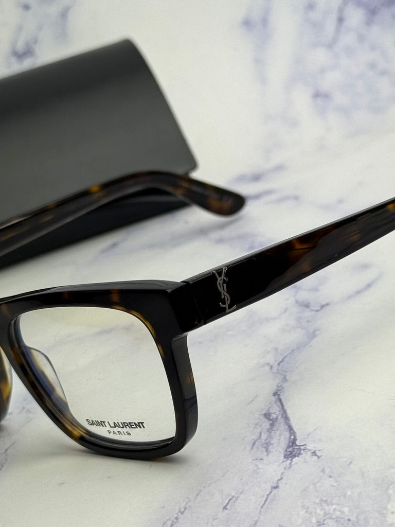 Saint Laurent square eyeglass frames with logo on temple, dark brown tortoise