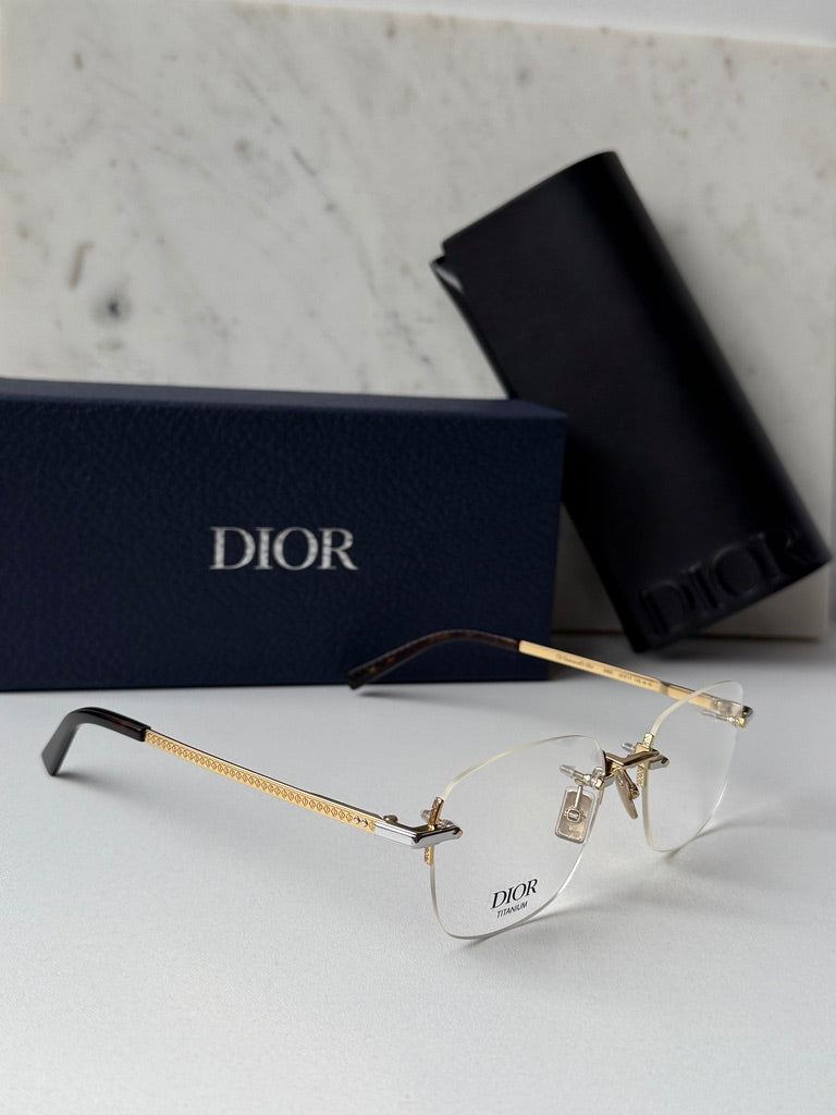 DIOR rimless metal eyeglasses side view with clear lenses and dark-tipped temples
