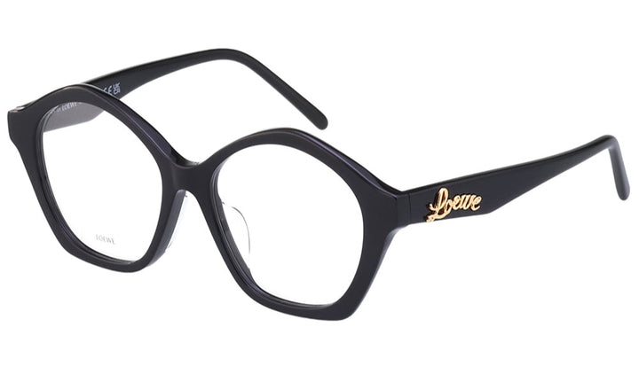 Black curvy eyeglass frames with round lenses and gold Loewe logo on temple