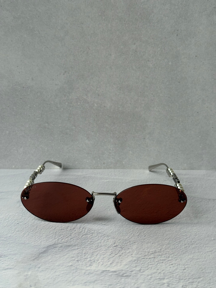 Gucci GG1922S Rimless Oval Pearl Sunglasses in Silver Red