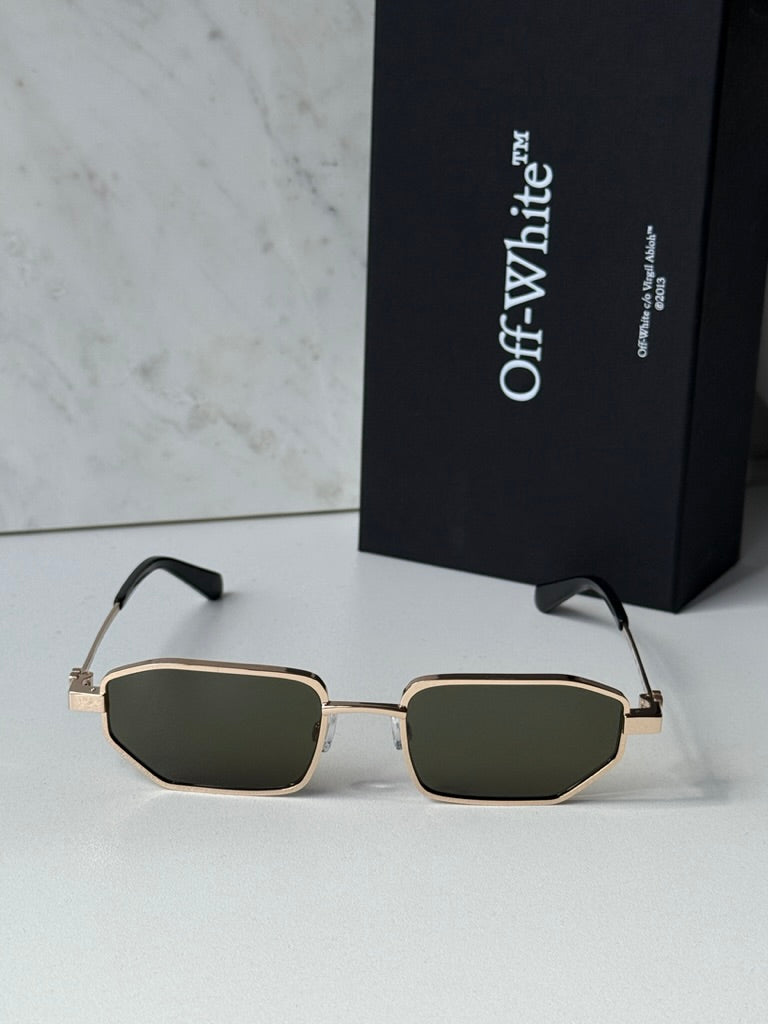 Off-White loa sunglasses with square corners, gold frame, and dark green lenses.