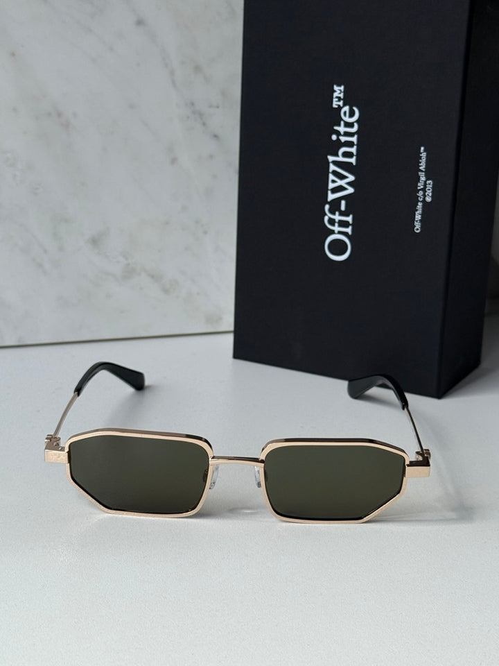 Off-White loa sunglasses with square corners, gold frame, and dark green lenses.