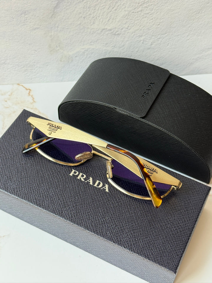 Prada PR D51S Metal Oval Sunglasses in Gold Blue
