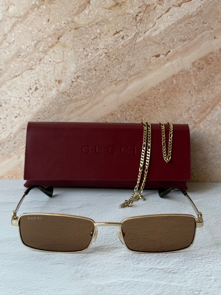 Gucci GG1600S Gold Brown Chain Rectangular Sunglasses