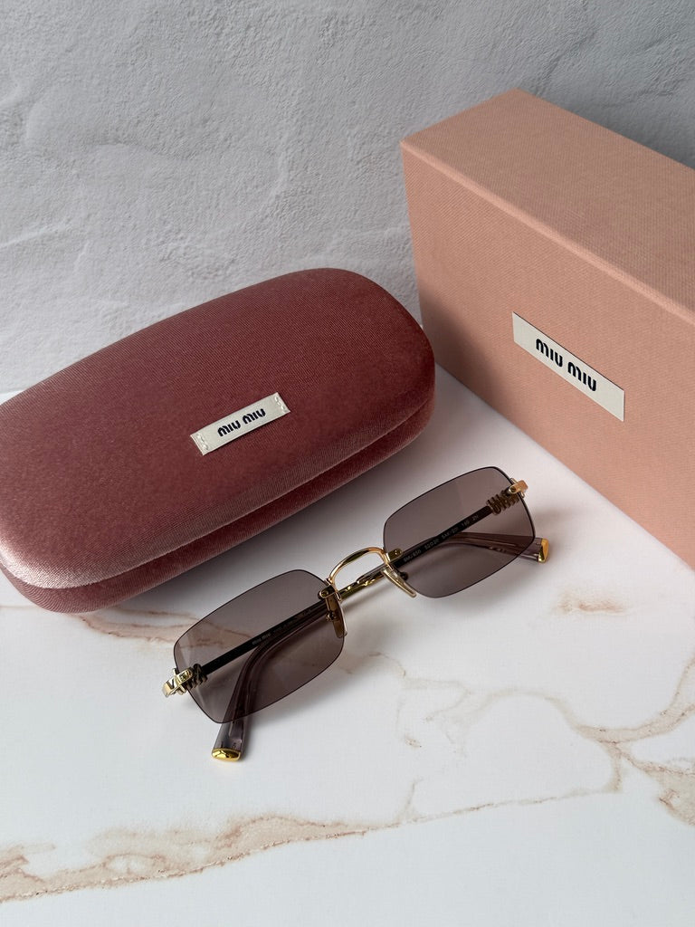 Miu Miu MU B50S Gold Purple Rimless Rectangular Sunglasses