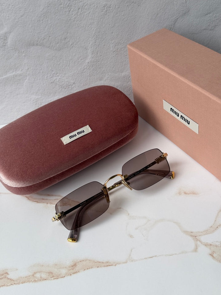 Miu Miu MU B50S Gold Purple Rimless Rectangular Sunglasses