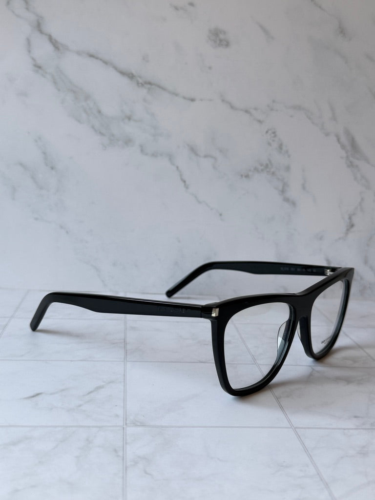 Black angular eyeglass frames with clear lenses and slim temple arms