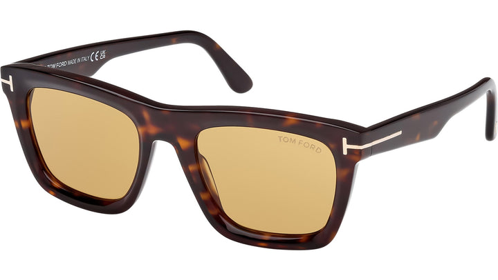 Havana yellow tortoiseshell sunglasses with amber tinted lenses and squared frames