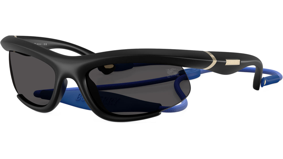 Burberry sunglasses with dark frame, blue flexible strap, and tinted lenses