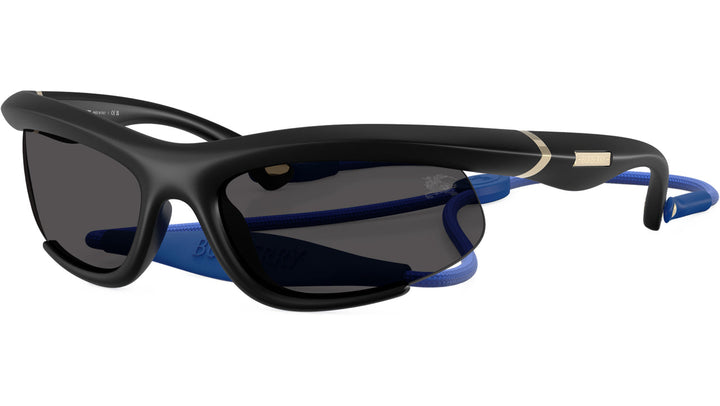 Burberry sunglasses with dark frame, blue flexible strap, and tinted lenses