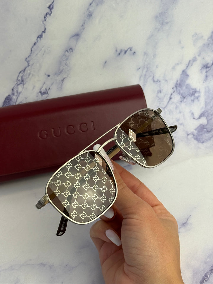 Gucci GG1881S Metal Pilot Sunglasses in Silver Brown Logo