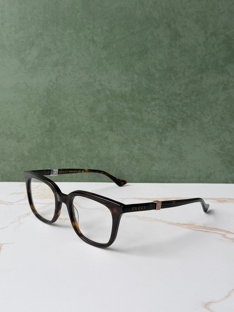 Havana brown square eyeglass frames, side view with Gucci logo arm