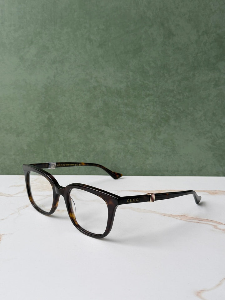 Havana brown square eyeglass frames, side view with Gucci logo arm