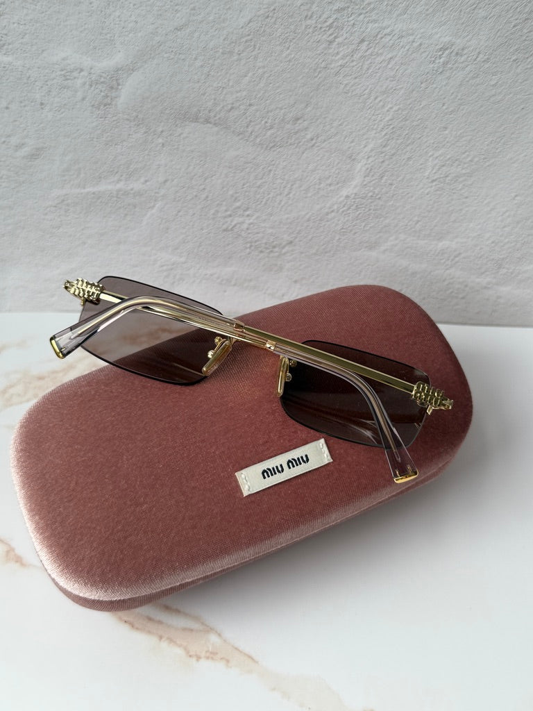 Miu Miu MU B50S Gold Purple Rimless Rectangular Sunglasses