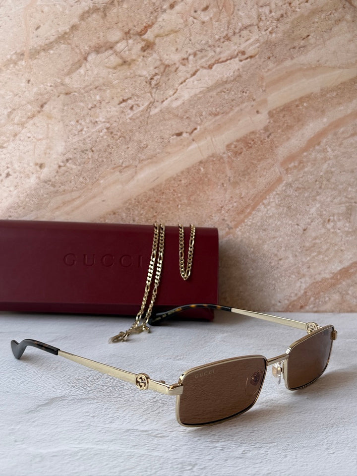 Gucci GG1600S Gold Brown Chain Rectangular Sunglasses