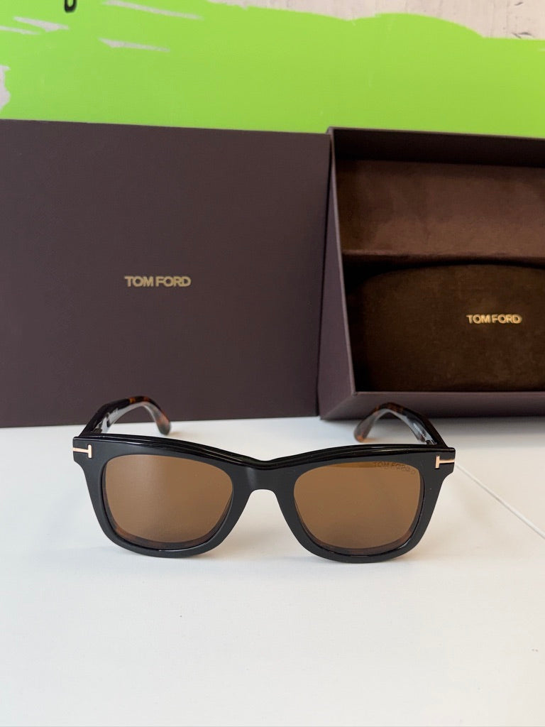 Tom Ford black square clip-on sunglasses, brown lenses, tortoise temples