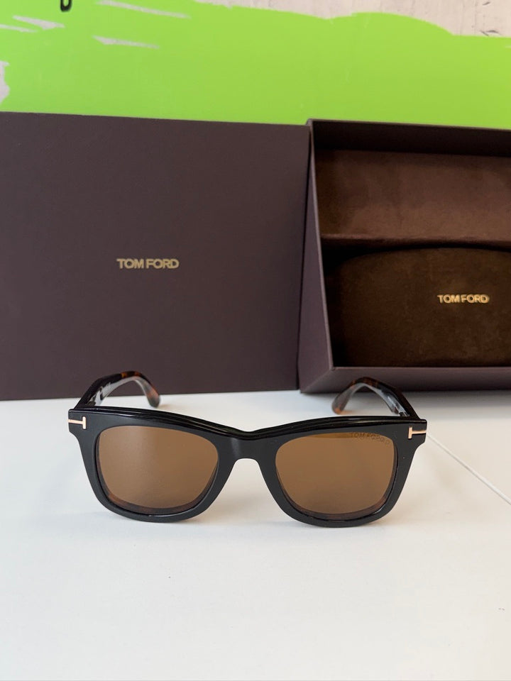 Tom Ford black square clip-on sunglasses, brown lenses, tortoise temples