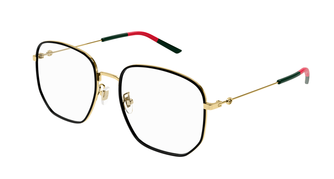 Gucci square eyeglasses with gold frame and black temples, clear lenses