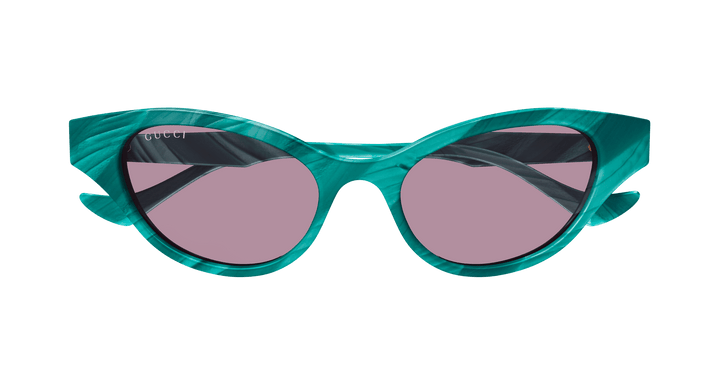 Gucci cat-eye sunglasses with green frames and purple-pink lenses