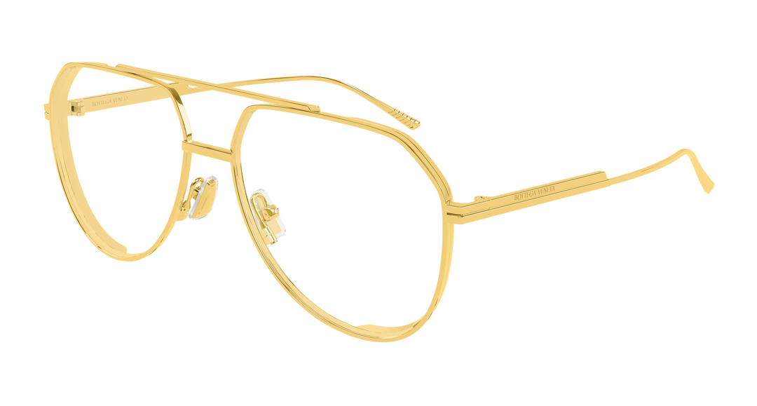 Gold aviator sunglasses with clear lenses and slim ribbon temples