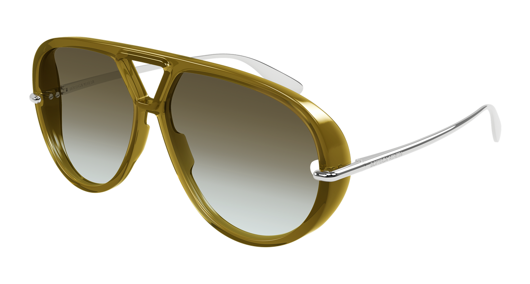 Khaki aviator sunglasses with brown mirrored lenses and metal nose bridge
