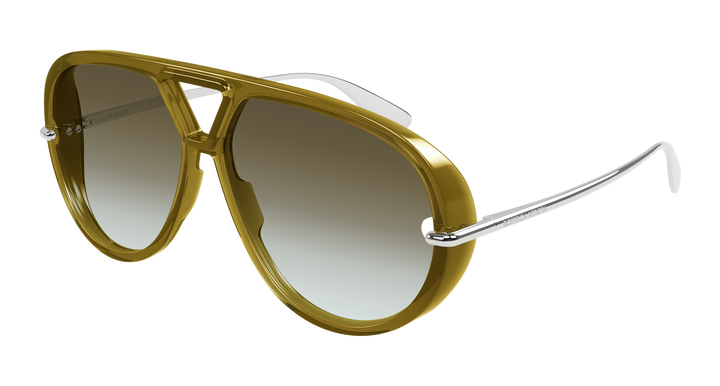 Khaki aviator sunglasses with brown mirrored lenses and metal nose bridge
