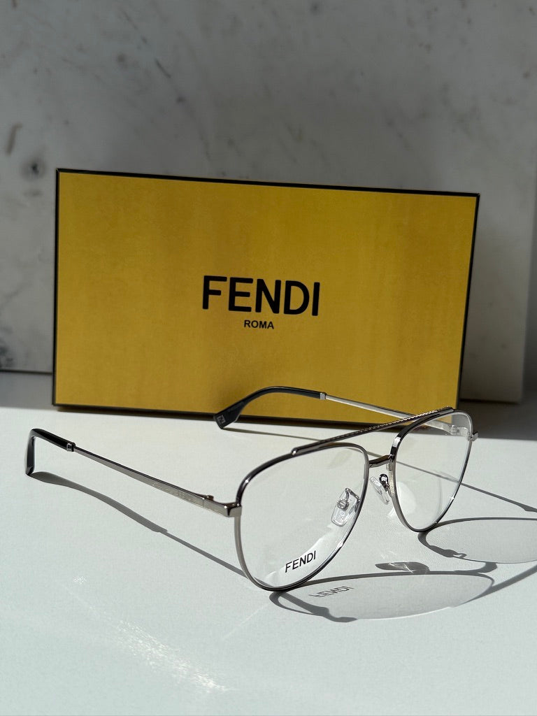 Fendi pilot aviator eyeglasses, silver frame with clear lenses and logo detail