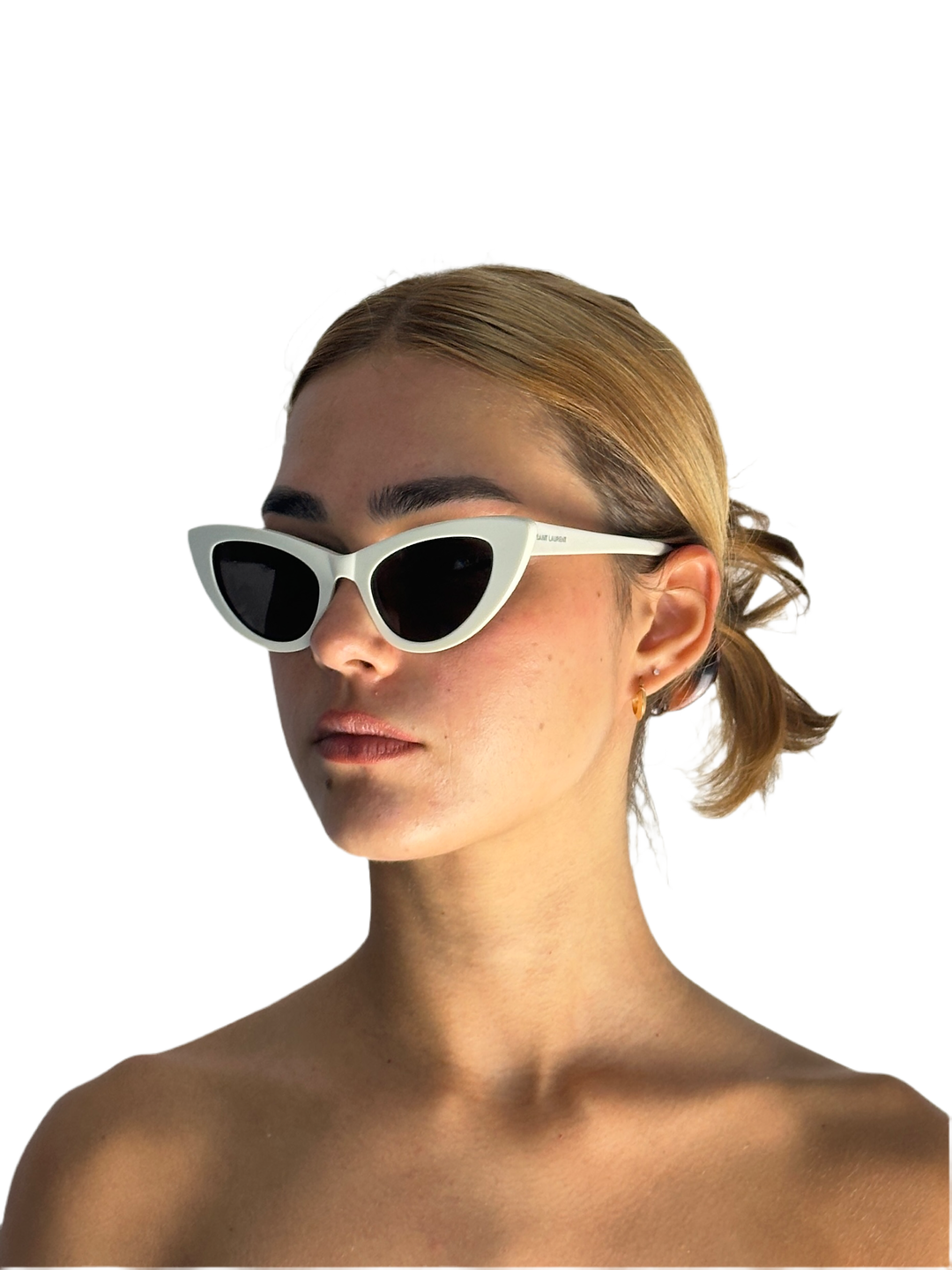 Saint Laurent Lily cat-eye sunglasses, white frames with dark lenses in side view