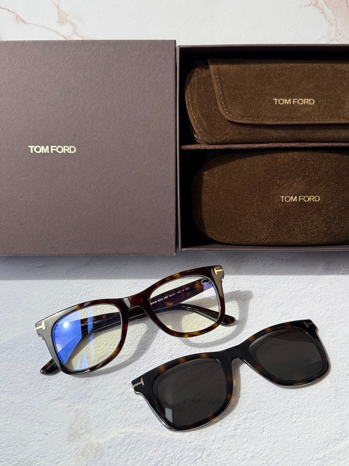 Square clip-on sunglasses with Havana-brown frames and dark lenses