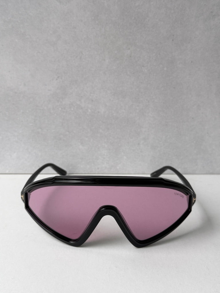 Black wrap sunglasses with pink-tinted lenses, shield shape