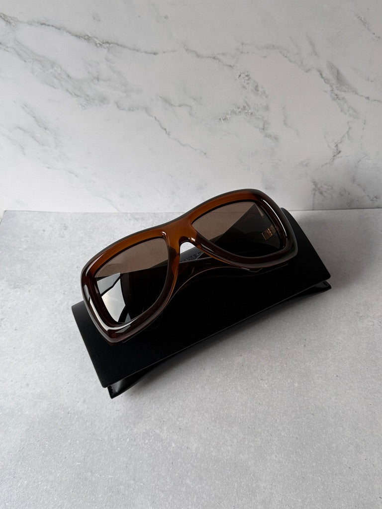 Brown Howl sunglasses with dark lenses, resting on a black case.