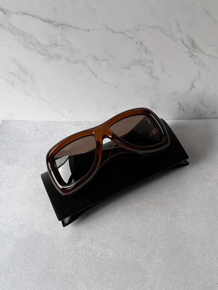 Brown Howl sunglasses with dark lenses, resting on a black case.