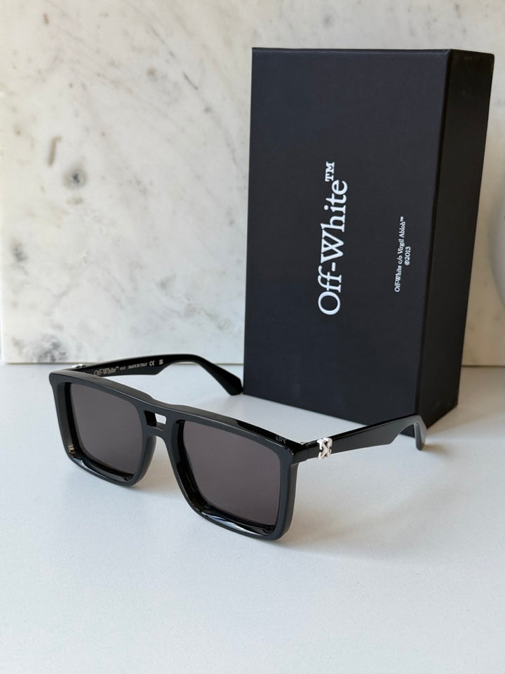 Off White aviator sunglasses, black frame with logo temples, dark lenses
