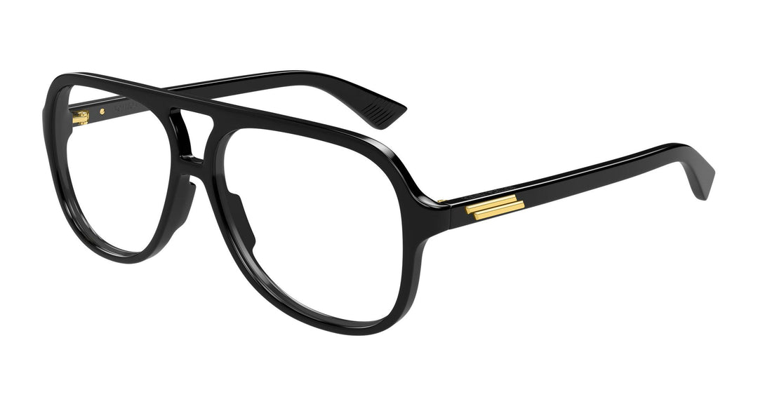 Black pilot eyeglass frames with gold logo accents, full-rim rectangular lenses