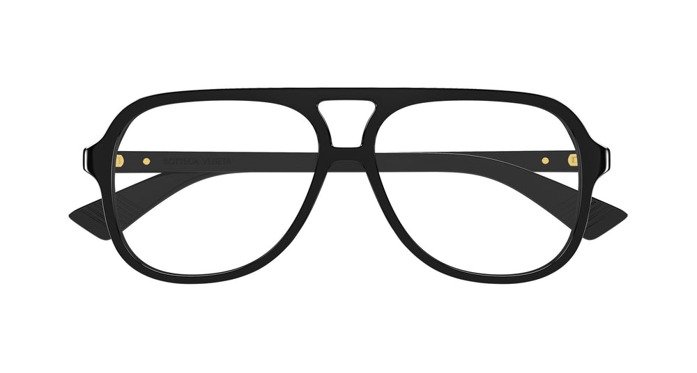 Black pilot eyeglass frames with gold dot accents on temples, full-rim rectangular lenses