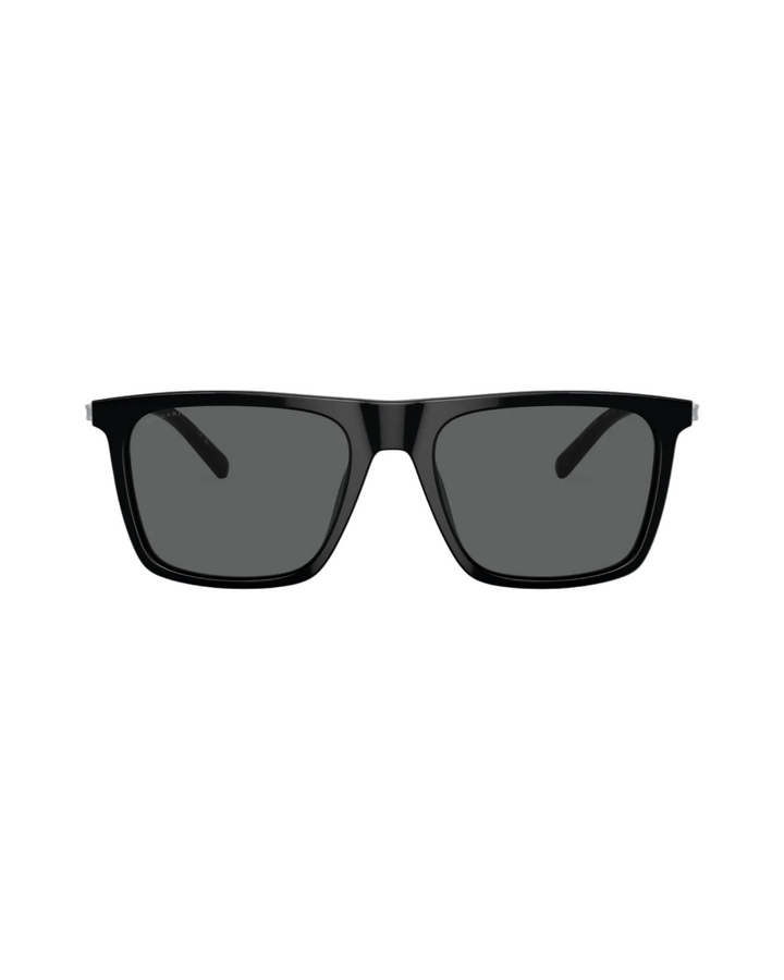 Rectangular black sunglasses with dark gray lenses, white bridge detail