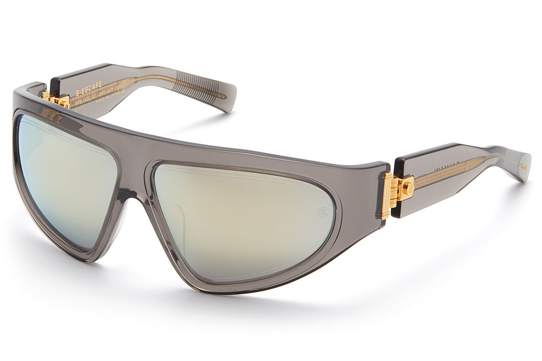 Grey mirrored sunglasses with gold-tone hinge details and wide rectangular lenses