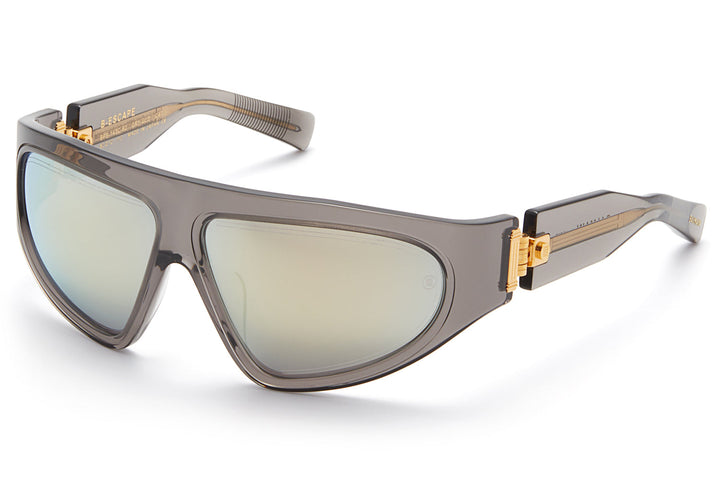 Grey mirrored sunglasses with gold-tone hinge details and wide rectangular lenses