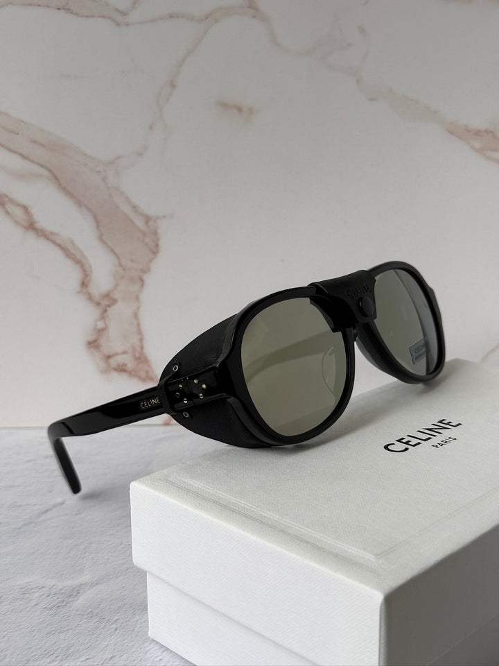 Celine CL40301U Black Leather Shield Aviator Sunglasses