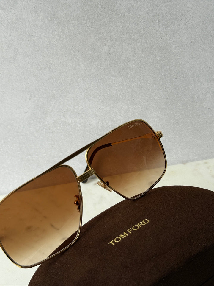Gold-tone rectangular aviator sunglasses with brown gradient lenses